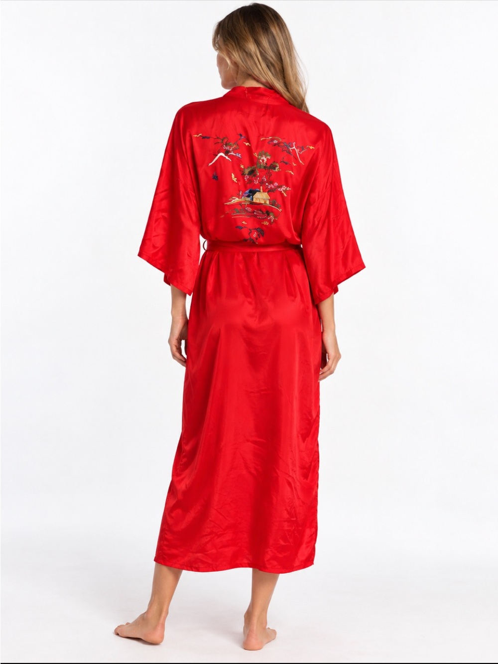 Vintage Golden Bee Red Satin Embroidered Chinese Kimono Robe Medium